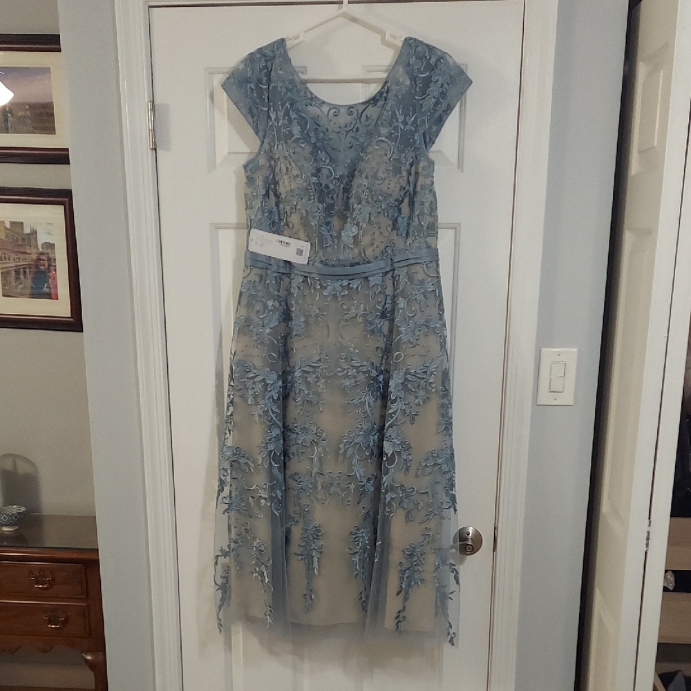 Azazie Blue A-Line Flutter Sleeve Midi Dress - Picture 2 of 5